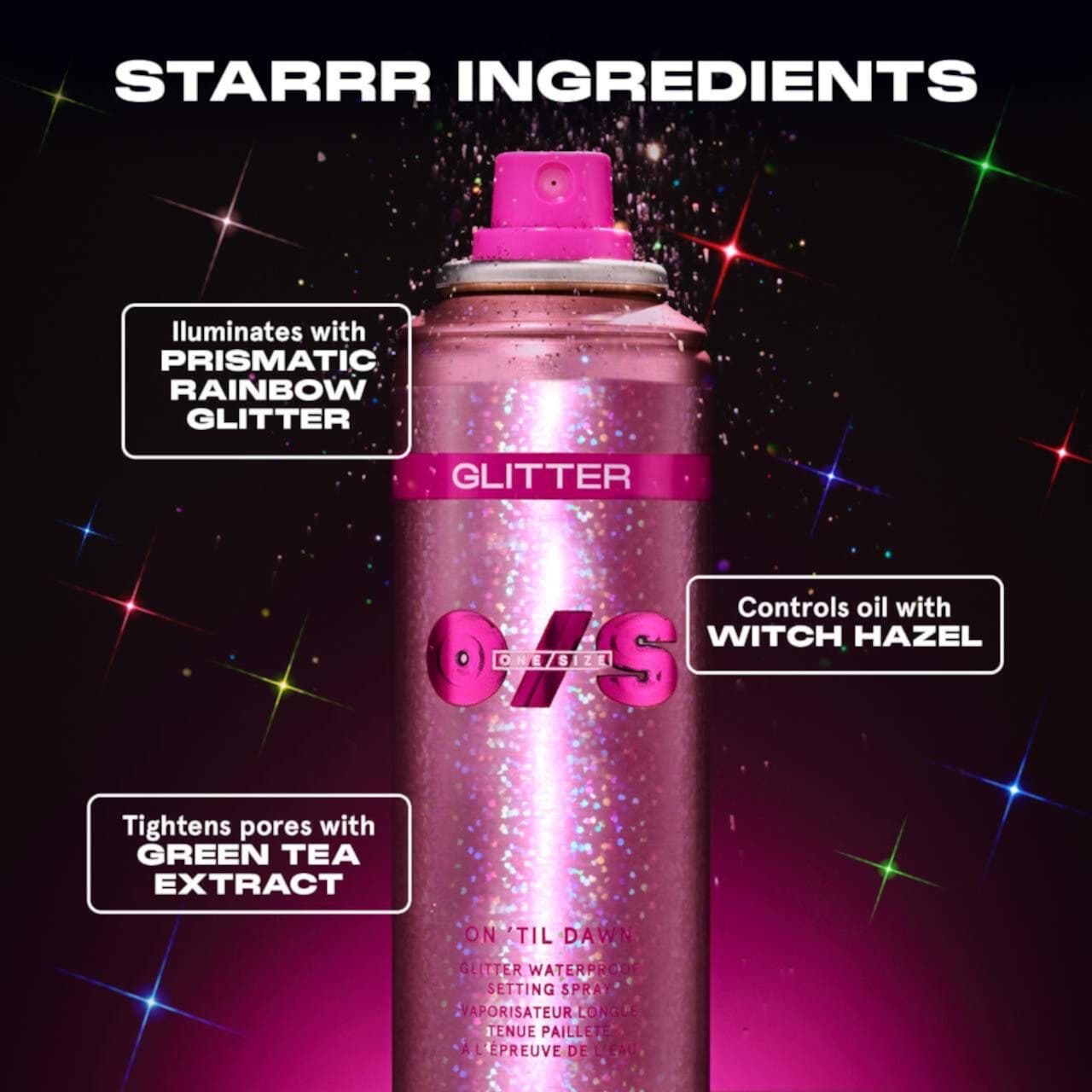 ONE/SIZE Водостойкий спрей для фиксации макияжа с блестками и иридисцентной вуалью, стойкость 16 часов 5